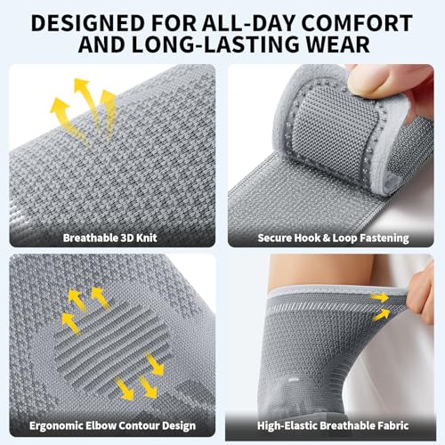 CAMBIVO 2 Pack Tennis Elbow Brace, Dual Gel Pad Compression Sleeve, Black | Adjustable Strap, Targeted Relief for Tendonitis, Golfer‘s Elbow, Breathable Knit, Daily Wear, Non-Slip Fit, for Men Women - color: Gray, size: Large
