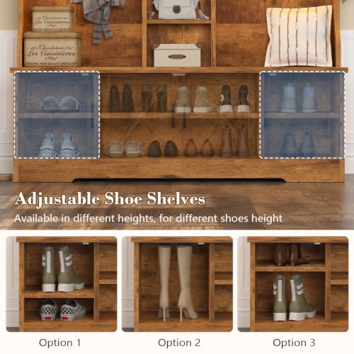 CSZZD Hall Tree with Bench and Shoe Storage, Farmhouse Entryway Bench with Coat Racks and Led Lights, Large Hall Tree with 12 Coat Hooks, 8 Storage Cubbies, Adjustable Shelf - color: Rustic Brown, size: 59.1"