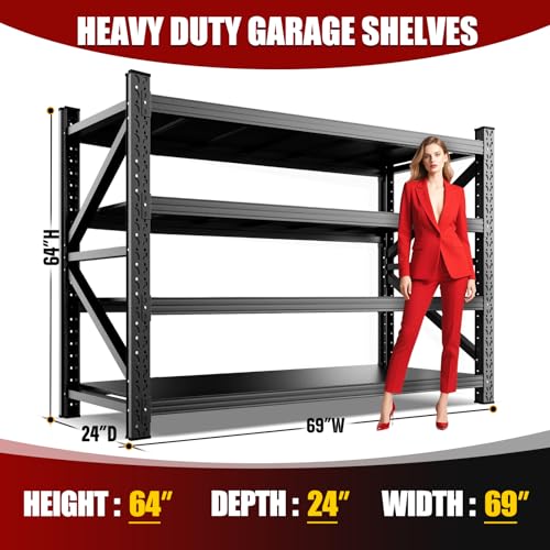 69" W Heavy Duty Metal Garage Shelving, 4-Tier Adjustable Storage Shelves for Garage Storage, Industrial Metal Shelving & Shelves Organizer for Warehouse, Workshop & Home, 69" Wx24 Dx64 H - size: 24"Dx69"Wx64"H