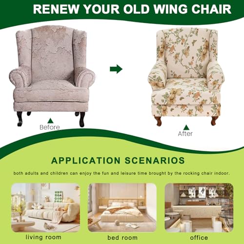 CRFATOP 2 Piece Stretch Wingback Chair Cover Printed Wing Chair Slipcovers Spandex Fabric Wingback Armchair Covers with Elastic Bottom for Living Room Bedroom Wingback Chair,C10 - color: Color C10