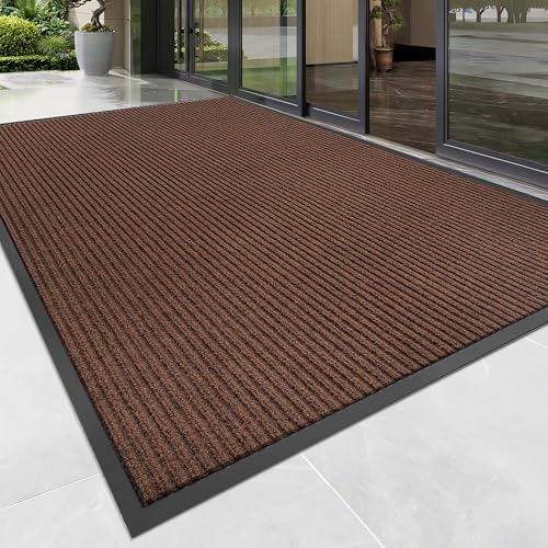 100pointONE Front Door Mat, Heavy Duty Indoor Outdoor Doormat, 48" x 24" Low Profile Outdoor Mats for Home Entrance, Stain and Fade Resistant Welcome Mat Ideal for High Traffic Area, Brown - color: Brown Striped, size: 2' x 4' (Rectangular)