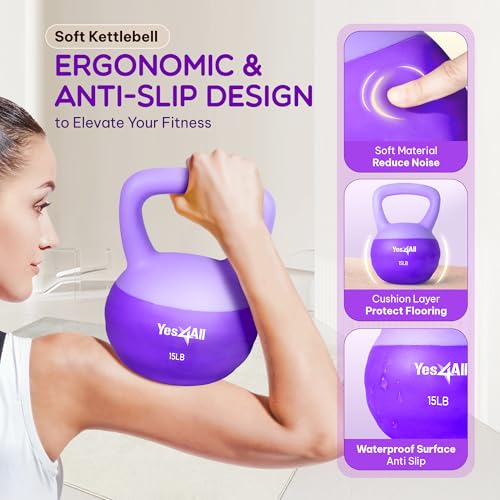 Yes4All Soft Kettlebell, PVC Strength Training Kettlebells for Women, Floor Protection & Quiet, Wide Handle, Aesthetic Soft Weights (5,10,15,20lb) for Home Gym, Fitness Beginners - color: 15lb - Purple