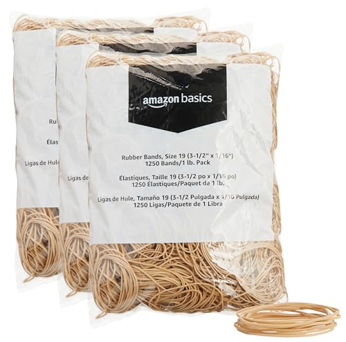 Amazon Basics Rubber Bands, Office Supplies, Size 19 (3-1/2 x 1/16 Inch), Stretchy, 1250 Bands/1 lb. Pack, 3-Pack, Tan - size: Size 19, style: 3-Pack