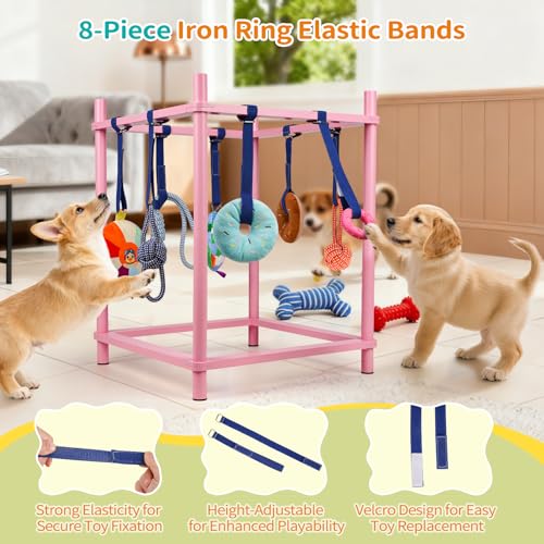 Wooden Puppy Play Gym for Small Dogs, Puppy Jungle Gym with 8 Hanging Toys, Wood Frame Indoor Puppy Gym with Dog Enrichment Toys for Puppies and Small Pets (Pink) - color: Pink