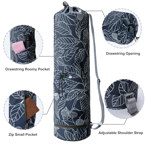 sportsnew Yoga Mat Bag with Water Bottle Pocket & Wet Pocket for Women | Yoga mat carrier fits 1/8"-3/8" yoga mats, quick-access multi-pocket organization, lightweight for gym, Pilates & studio - color: Blue Leaf, size: Medium
