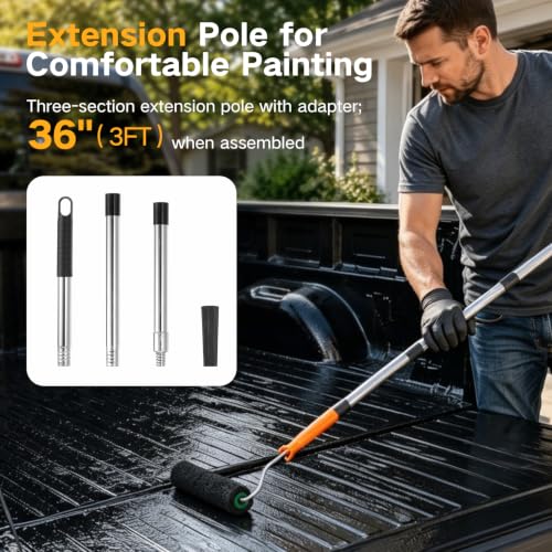 Truck Bed Liner Roller Kit, 8PCS Roll on Bed Liner Kit | Includes 6 and 4 Inch Texture Bedliner Rollers, Roller Frame, Extension Pole, Brush, Tray, for Textured Bed Liner Coating