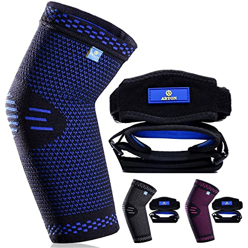 ABYON Compression Elbow Support, 1 Piece Compression Sleeve + 2 Pcs Tennis Elbow Pads for Men Women Pain Relieves Tendonitis, Arthritis, Tennis Elbow, Epicondylitis - color: Blue, size: X-Large