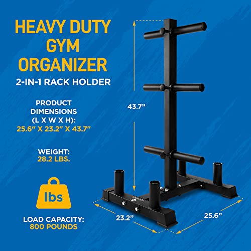 SereneLife 6-Pegs Olympic Weight Plate Rack & 4 Barbells - 800 Pounds Capacity, Heavy Duty Gym Organizer, Scratch Resistant Frame, Powder-Coat Finish, Easy to Assemble, Compact & Space-Saving