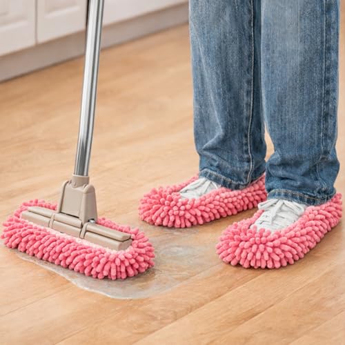 1 Pair Floor Cleaning Mop Slippers Set, Slip On Mopping Accessories for Indoor Household Floor Care and Daily Cleaning Tasks(Pink) - color: Pink