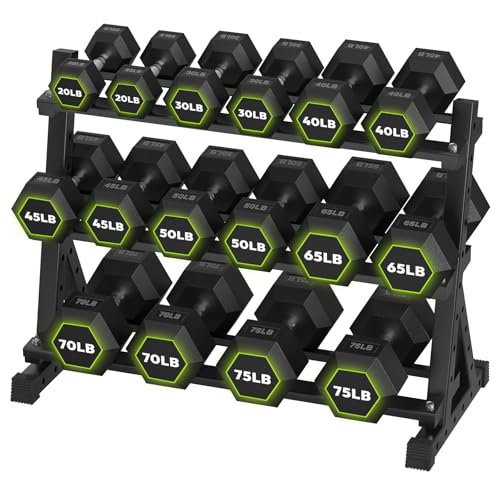 HANDBODE Dumbbell Set with 3-Tier Rack, 390-790 lb | Heavy Duty Weight Stand for Dumbbells, Space-Saving Metal Storage Organizer, Sturdy Dumbbell Holder for Home Gym - style: 790 lb Set (20-75 lb) *2 & Rack