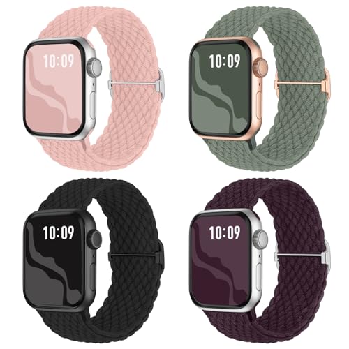 4 Pack Braided Stretchy Bands Compatible with Apple Watch 40mm 41mm 38mm 42mm 44mm 45mm 46mm 49mm Women Men, Breathable Nylon Elastic Daily Use Straps for iWatch Series 11/10 9 8 7 6 5 4 3 SE/Ultra 2 - color: Black/Purple/Cactus/PinkSand, size: 42mm(serie
