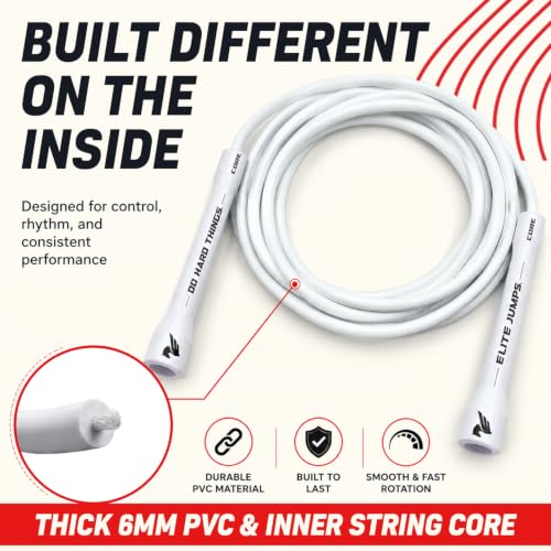 Elite Jumps 6mm PVC Jump Rope, Adjustable Skipping Rope | Non-kinking PVC cord. Unbreakable handles. Smooth rotation. For cardio and boxing. - color: White Handles - 5" Handle