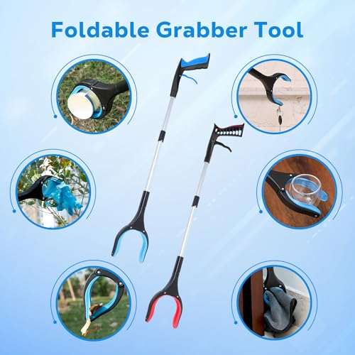 Grabber Reacher Tool - 32” Extra Long Foldable Gripper and Reaching Tool - Heavy Duty Pick Up Stick Grabbers for Seniors, Trash, Surgery Recovery Must Haves Gifts (Blue+Orange 2P) - color: Blue+orange 2p