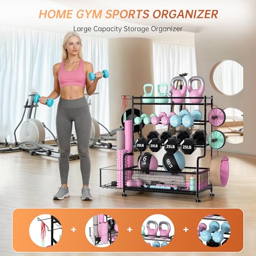 Garvee Dumbbell Rack, Weight Rack for Home Gym, Weight Rack for Dumbbells with Hooks, Home Gym Storage Rack for Yoga Mat Kettlebells and Strength Training Equipment, Powder Coated Finish Steel