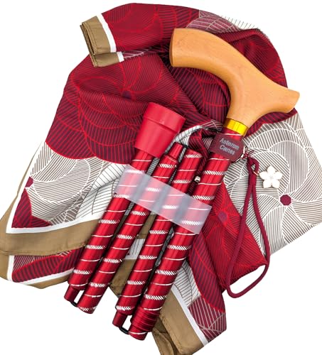 Asterom Canes for Women - Foldable, Adjustable, Collapsible - Fashionable Walking Cane for Women, Wooden Handle - color: Red