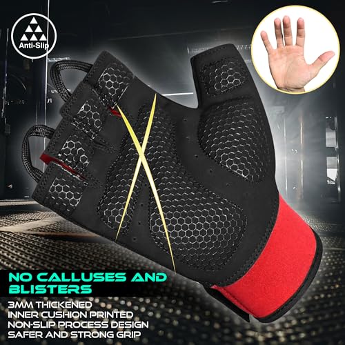 BEAST RAGE Workout Gloves for Men, Durable Palm Grip Gym Gloves Women Half Finger Elasticated Training Weight Lifting Strength Bodybuilding Anti Slip Cycling Gloves Exercise - color: Red, size: Large