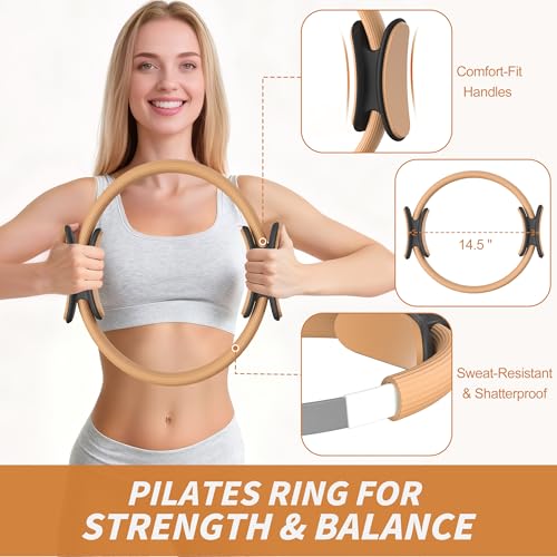 NANATI Pilates Kit, Home Pilates Workout Kit for Women, Pilates Equipment with 14.5" Pilates Ring and Ball, Resistance Bands, Ankle Weights, Sliders & Grip Socks for Home Workouts - color: Mocha