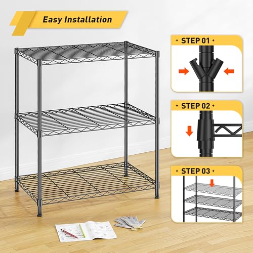 3 Tier Storage Shelves Metal Shelving Unit,Adjustable Wire Rack Pantry Kitchen Shelves,Small Shelf Wire Shelving for Laundry Office Bedroom Dorm Bathroom Closet 24" W x 30" H x 14" D Black Shelves - size: Black-24" W x 30" H x 14" D
