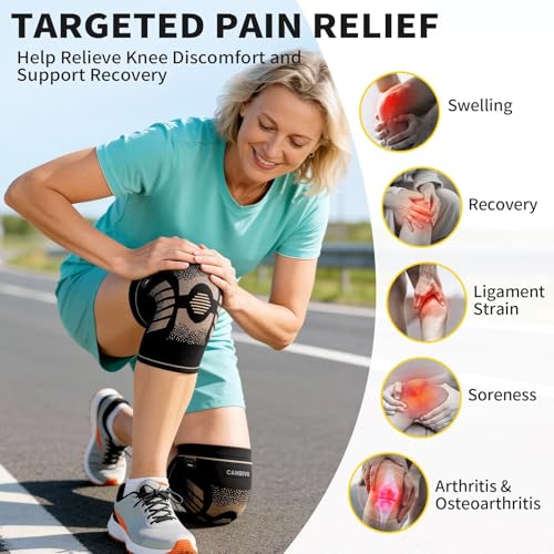 CAMBIVO 2 Pack Copper Knee Brace for Women Men, Pain Relief Knee Support, M | Copper infused for pain relief & circulation | Pull tabs easy on/off | Non-slip compression for arthritis, running, gym - size: Medium