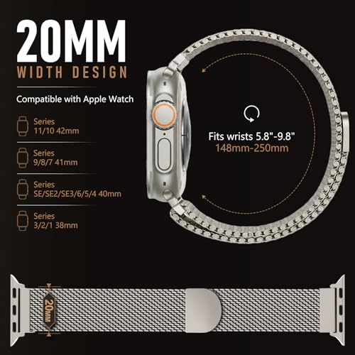 Milanese Loop Compatible with Apple Watch Band 40mm 41mm 42mm 38mm Men Women, Magnetic Buckle Strap Stainless Steel Mesh Metal Bands for iWatch Series 11 10 9 8 7 6 5 4 3 SE3/2/1 - color: 03-Titanium, size: 38/40/41/42mm(s10/11)