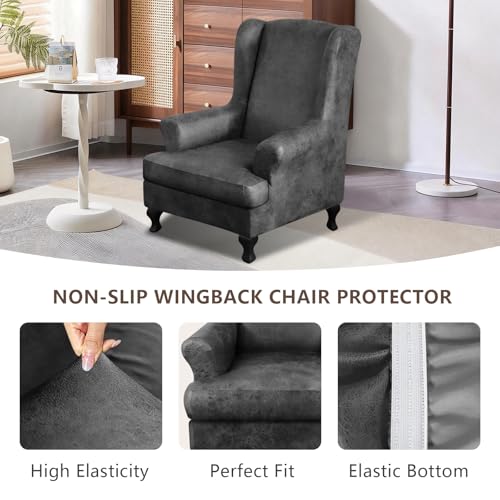ANARACHON Leather Look Wingback Chair Covers, 2-Piece Wing Chair slipcover,Stretch Wing Back Armchair Slipcovers with Elastic Bottom, Soft Spandex Furniture Protector for Living Room (Light Grey) - color: Light Grey