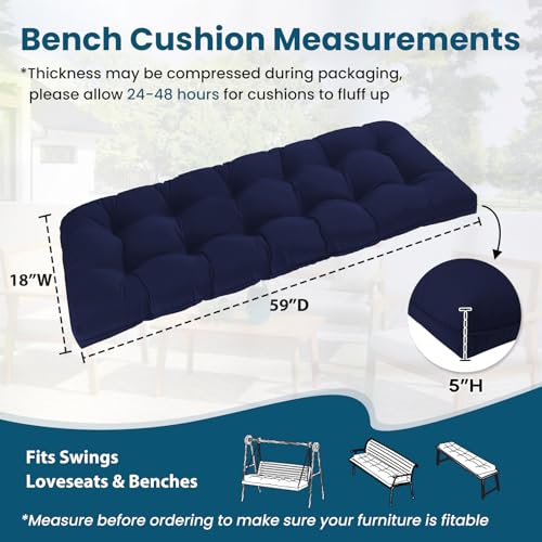Tufted Bench Cushions for Outdoor Furniture, 59" x 18" Porch Swing Cushions Filled with Foam, Overstuffed Patio Cushions for Bench Loveseat with 2-3 Seats,Thick and Water Resistant, Navy - color: Navy, size: 59" x 18" x 5"
