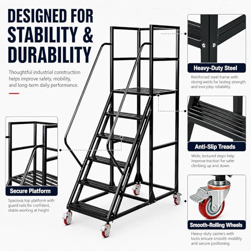 6 Step Rolling Ladder with Handrails, 1100 lbs Capacity Heavy Duty Mobile Warehouse Ladder with Wheels, Industrial Steel Non-Slip Rolling Stairs with Large Platform, for Garage Stockroom Library - color: Black, size: 6 Step