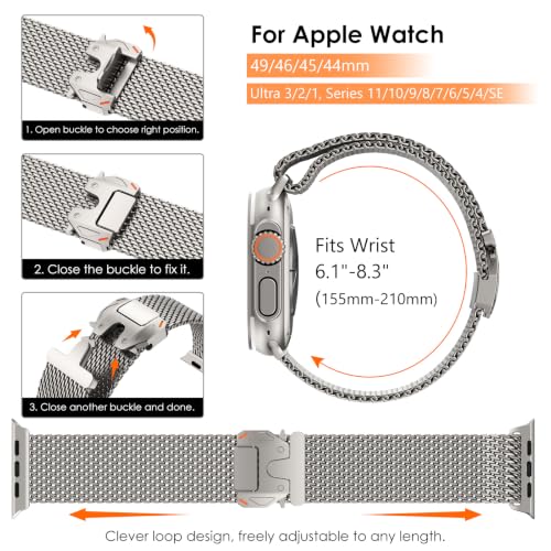 WINGLE Milanese Loop for Apple Watch Band Ultra 3/2/1 Band Ultra 49mm Series 11 10 46mm 45mm 44mm SE 3/2/1 Series 9 8 7 6 5 4 3 Men Women,Parachute-Style Buckle Stainless Steel Mesh Metal iWatch Bands - color: Natural