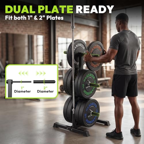 HANDBODE Weight Plate Rack with Barbell Storage, 1100 lbs Capacity | 6-Peg Vertical Holder for 1- or 2-Inch Plates, Heavy-Duty Organizer for Home Gym - style: 3-Tier Weight Plate Rack