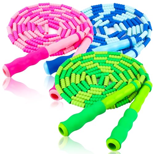 Jump Rope for Kids, 9 Ft Adjustable Jump Ropes for 4 5 6 7 8 10 12, Segmented Soft Beaded Jumping Rope Age 8-12, Tangle Free Skipping Rope for Women Man Fitness Weight Loss - color: Green, Pink, Blue