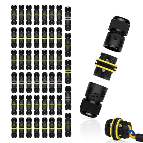 NineLeaf 48 Pack Waterproof Cable Connector, Screw Type 3-Pin M20 Electrical Wire Connectors Ø5-12mm, IP68 Outdoor Junction Box for Underground Garden Lighting, Patio, Deck Power Extension - size: 48PK, style: Screw Tighten