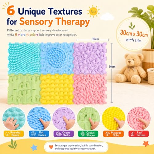 Edusense TPU Sensory Floor Tiles - Textured Puzzle Play Mat for Autistic Kids, Non-Slip Massage Game Mats for Sensory Indoor & Outdoor Use|6 Textures Interlocking Tiles for Sensory Therapy - color: Macaron