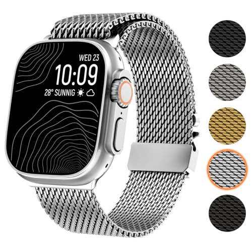 WINGLE Milanese Loop for Apple Watch Band Ultra 3/2/1 Band Ultra 49mm Series 11 10 46mm 45mm 44mm SE 3/2/1 Series 9 8 7 6 5 4 3 Men Women,Parachute-Style Buckle Stainless Steel Mesh Metal iWatch Bands - color: Silver