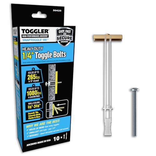 TOGGLER SNAPTOGGLE BB Toggle Anchor with Bolts, Zinc-Plated Steel Channel, Made in US, 3/8" to 3-5/8" Grip Range, For 1/4"-20 UNC Fastener Size (Pack of 10) - size: 3/8" to 3-5/8"