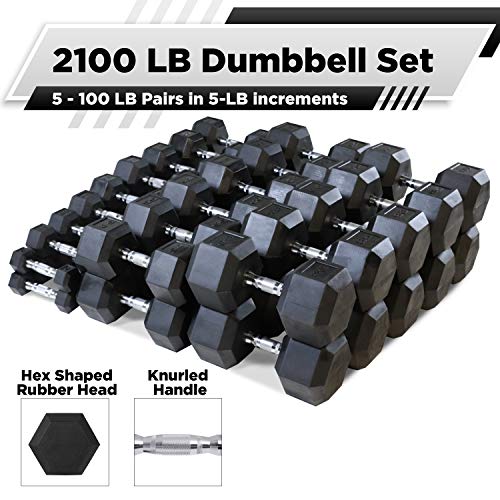 WF Athletic Supply Rubber Coated Hex Dumbbell Set, Multiple Choices Available - Dumbbells with Rack Stand and Mat, or Dumbbells Only (200/550/1200/2100/3000 LB) - color: h. 5 - 100LB Dumbbells Only