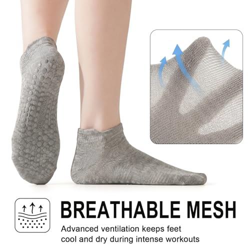 5 Pairs Pilates Socks with Grips for Women Non Slip Grip Yoga Crew Socks for Barre Hospital Barefoot - color: B - 3 Black 2 Gray