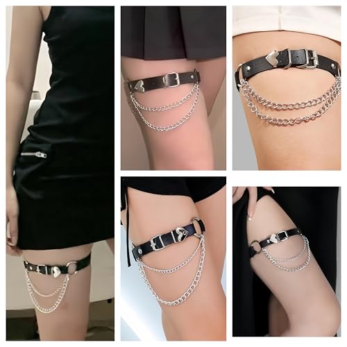 Adjustable Elastice 2 Rows Leather Leg Harness Garter Belt Punk Gothic Thigh Ring Garter - color: Black With Chain
