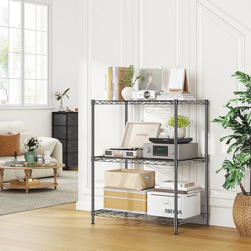 3 Tier Storage Shelves Metal Shelving Unit,Adjustable Wire Rack Pantry Kitchen Shelves,Small Shelf Wire Shelving for Laundry Office Bedroom Dorm Bathroom Closet 24" W x 30" H x 14" D Black Shelves - size: Black-24" W x 30" H x 14" D
