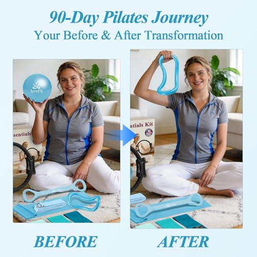 Pilates Ring and Small Ball Set for Women with 5 Resistance Bands, 14 inch Magic Circle Home Workout Essentials Starter Kit for Beginners, Yoga Sets for Full Body Toning Shape - color: Blue