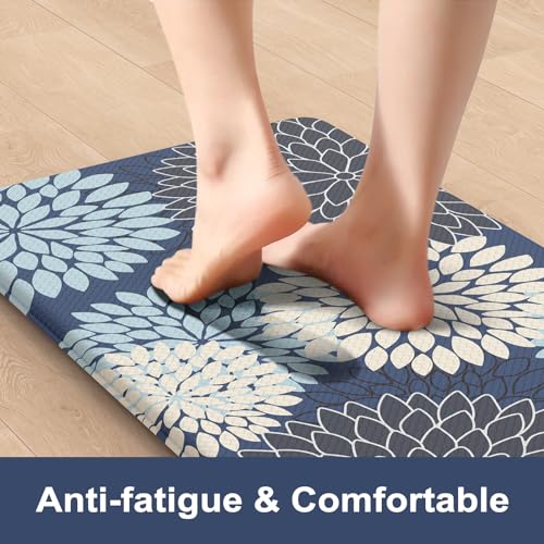 Anti Fatigue Kitchen Mats,Non Slip Farmhouse Kitchen Rugs Sets 2 Piece,Waterproof Dahlia Floral Kitchen Mat for Floor,Cushioned Standing Mat for Kitchen,Laundry,Sink,Desk,Mutil-Blue - color: Multi-blue, size: 17.3" x 59 "+ 17.3" x 29 "--0.47 inches