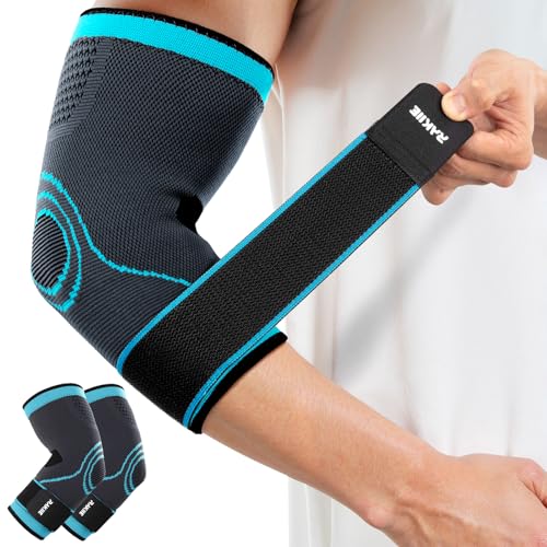 Rakiie Elbow Compression Sleeve 2 Pack, Elbow Brace for Tendonitis and Tennis Elbow, Pain Relief Elbow Brace for Men & Women, Elbow Sleeve Reduce Joint Pain for Tennis, Golfer, Workouts, Blue (M) - color: Blue, size: Medium