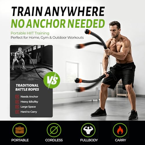 Weighted Ropeless Battle Ropes, Heavy Duty Portable Cordless Battle Rope for Home Gym with Grip Poster Strengtheners, Grip Poster & Storage Bag. Battle Rope Sticks for HIIT, Strength & Quiet Cardio