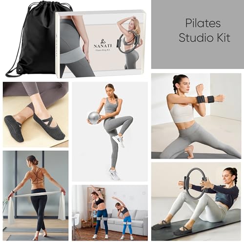 NANATI Pilates Kit, Home Pilates Workout Kit for Women, Pilates Equipment with 14.5" Pilates Ring and Ball, Resistance Bands, Ankle Weights, Sliders & Grip Socks for Home Workouts - color: New Grey