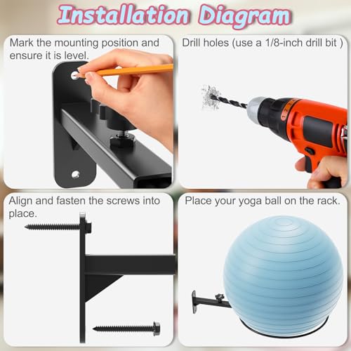 Yoga Ball Wall Mount, Adjustable Exercise Ball Holder(2Pack) | Fits 12–26 Inch Balls, Large Ring Design, Adjustable Support Arms, For Yoga & Exercise Balls, Keeps Gym Organized