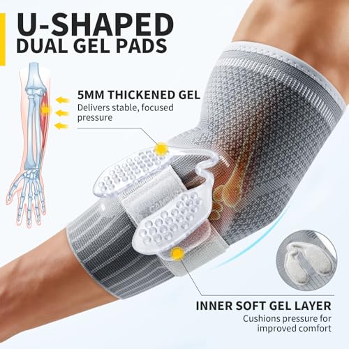 CAMBIVO 2 Pack Tennis Elbow Brace, Dual Gel Pad Compression Sleeve, Black | Adjustable Strap, Targeted Relief for Tendonitis, Golfer‘s Elbow, Breathable Knit, Daily Wear, Non-Slip Fit, for Men Women - color: Gray, size: Large