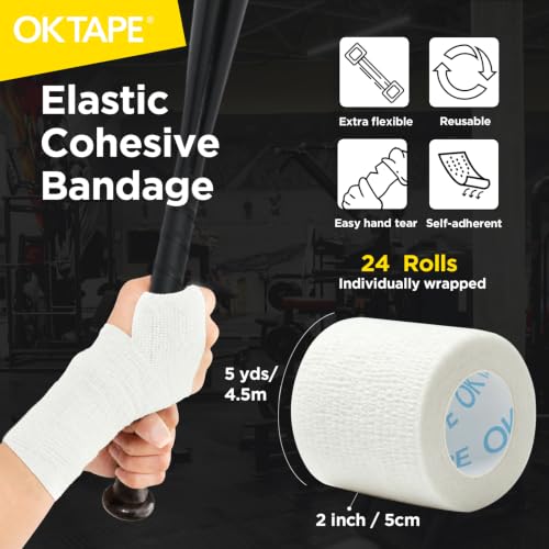 OK TAPE 24 Rolls Self Adhesive Bandage Wrap, Elastic Athletic Tape, Self Stick Bandage Tape, Vet Wrap, Medical Wrap for Wrist, Feet, 2" x 5 Yards, White - color: White, size: 2 Inch-24 Pack