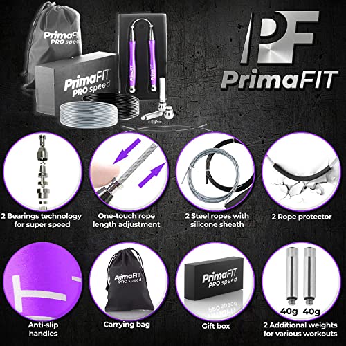 PrimaFIT Pro Speed Jump Rope for Adults, Weighted Skipping Rope for Boxing | Adjustable Jumping Rope for Fitness Workout & CrossFit Exercise, Double Unders, Handle Weights, 3m Cables 2 Protectors, Bag - color: Purple