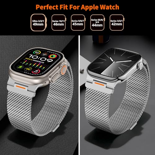 Milanese Loop Compatible with Apple Watch Ultra 3/2/1 Band 49mm 46mm 45mm 44mm 42mm, Magnetic Stainless Steel Strap Bands for iWatch Ultra SE 3/2/1 Series 11 10 9 8 7 6 5 4 3 2 1 Men, Silver - color: Silver
