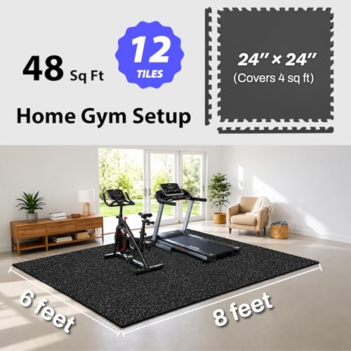 AIRHOP 1'' Ultra-Thick 48 Sq Ft Rubber Top Gym Flooring for Home Gym | 12 Tiles, High Density EVA Foam, Waterproof & Non-Slip Rubber, Interlocking Puzzle Mats, Heavy Duty Floor Protection, 24"x24" - color: Black, size: 48 Sq Ft (12 Tiles)
