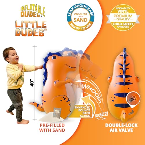INFLATABLE DUDES Dinosaurs -Kids Punching Bag | Sand-Base | Bop Bag, Pre-filled with Sand, Inflatable Toy, Punching Bag for Kids, Enhanced Bounce-Back Action, Indoor/Outdoor - color: Orange Small T-Rex | Pre-filled with Sand